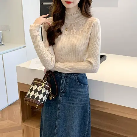 打底衫女秋冬内搭毛衣2023年新款半高领蕾丝高级感针织上衣打底衫图片