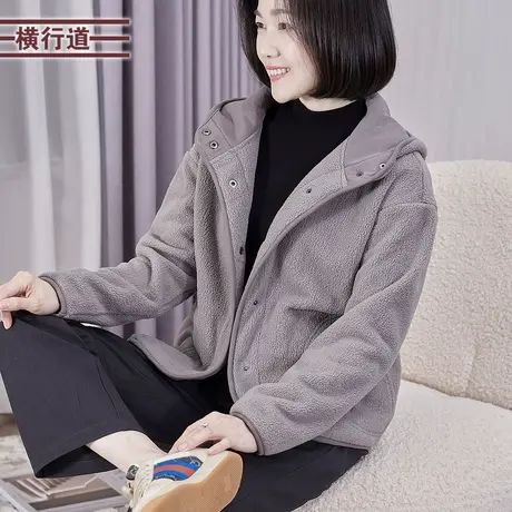 2025春季新款简约宽松翻领羊羔绒口袋长袖外套女大码外穿保暖上衣图片