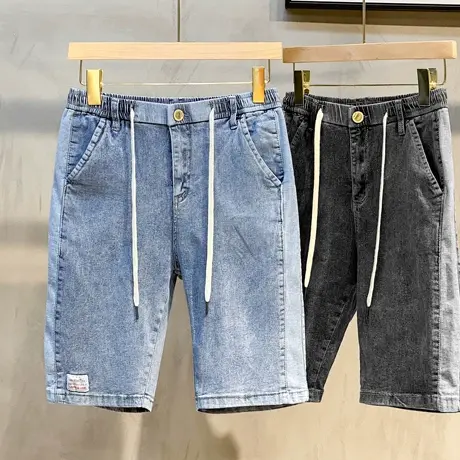 2023新款牛仔短裤男士夏季薄款宽松潮牌ins中裤拼接百搭五分裤子图片