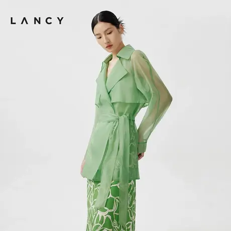 LANCY/朗姿春季新款翠绿色薄风衣外套拼接外套休闲气质中长款图片