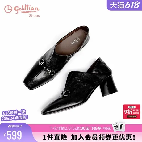 金利来女鞋2024秋季新款黑色粗跟小皮鞋女百搭胎牛皮中跟深口单鞋商品大图