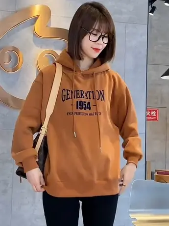 加绒加厚连帽卫衣女秋冬2023新款时髦时尚洋气字母印花长袖上衣女商品大图