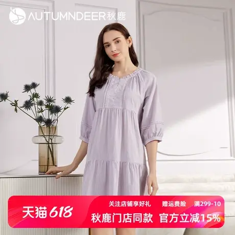 秋鹿简约七分袖睡裙女夏款圆领短袖纯棉梭织棉连衣裙纯色女士短裙商品大图