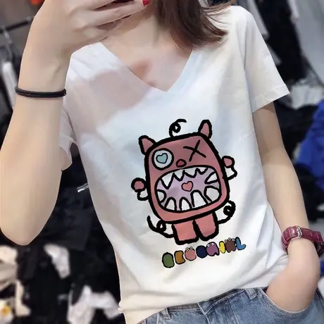 夏季短袖t恤女宽松中长款v领显瘦大码纯棉ins潮胖mm遮肚上衣藏肉商品大图