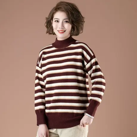 毛衣女秋冬加肥加大码女装宽松上衣半高领条纹显瘦中年打底针织衫商品大图