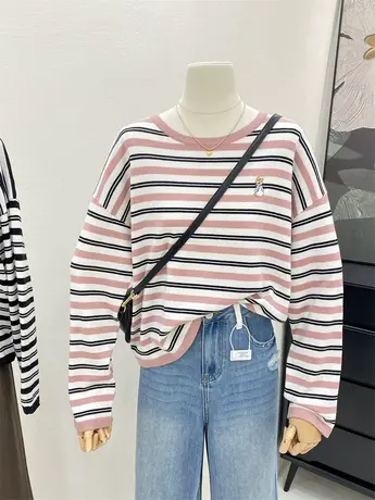 条纹针织衫毛衣女2023年新款秋冬百搭刺绣宽松软糯舒适打底上衣商品大图