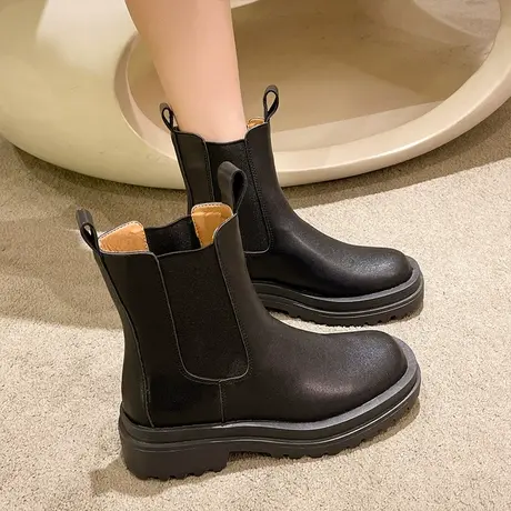 网红同款机车厚底马丁靴女2022松糕黑色烟筒中筒靴粗跟切尔西短靴商品大图