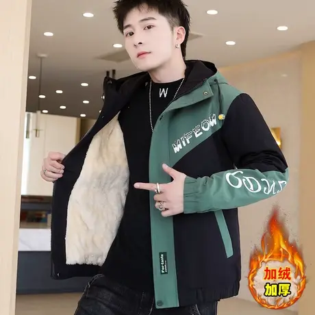 秋冬男士加绒夹克男潮流休闲加厚保暖外套学生上衣帅气夹棉冬衣服商品大图