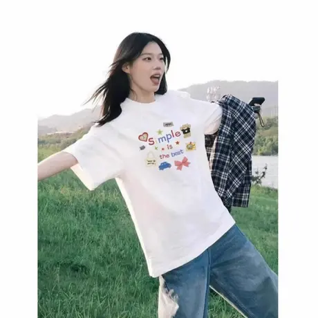 美式潮牌落肩短袖t恤女2025新款爆款设计感卡通印花宽松百搭上衣商品大图