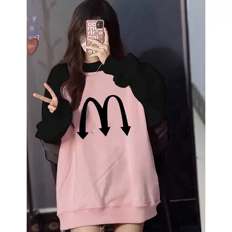 撞色拼接长袖卫衣女秋季韩版宽松显瘦oversize薄款圆领上衣外套潮商品大图