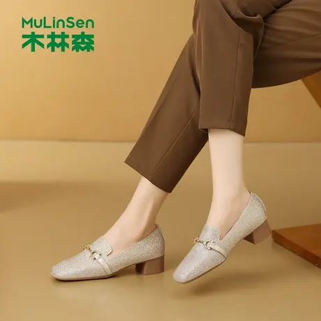 木林森女鞋2025秋季新款百搭金属一脚蹬单鞋女士粗跟不累脚乐福鞋图片