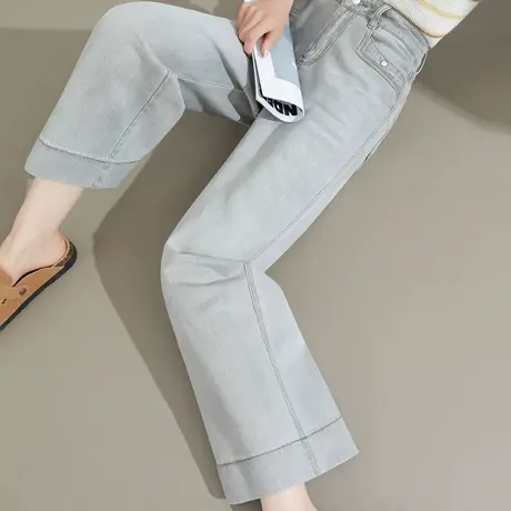 九分直筒牛仔裤女2025春秋季新款高腰宽松显瘦灰色小个子阔腿裤子商品大图