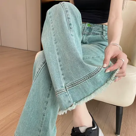 浅绿色微喇牛仔裤女2025年秋季新款高腰显瘦小个子弹力毛边喇叭裤图片