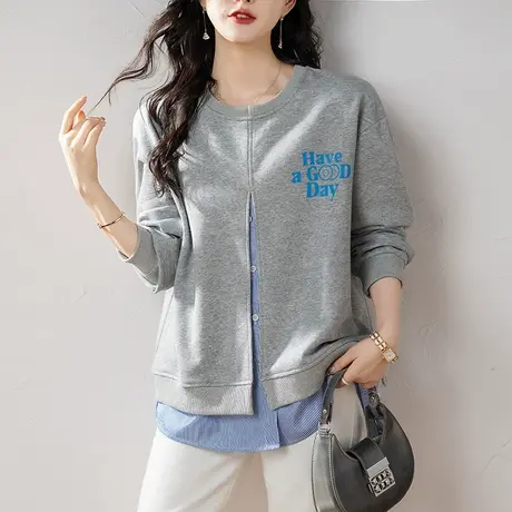 春秋季新款假两件卫衣女宽松加肥加大码女装胖MM洋气百搭长袖外套商品大图