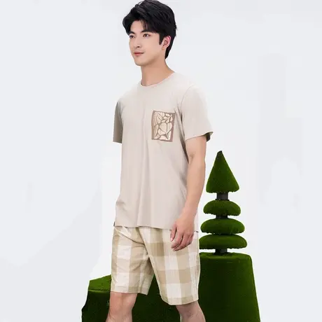 秋鹿旗下子品牌【jenize】男士睡衣薄款梭织色织格圆领短袖五分裤商品大图