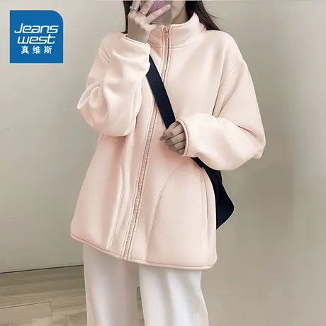 KMV真维斯粉色加绒外套女2025新款秋冬季修身上衣小个子加厚开衫商品大图