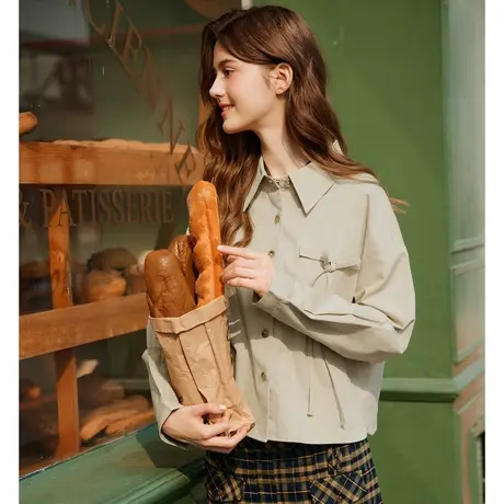 唐狮2026春季新款女短款长袖衬衫翻领简约风宽松休闲卡其色薄款商品大图