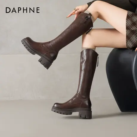 达芙妮棕色长筒靴女2026新款秋冬季加绒美拉德高筒靴厚底骑士长靴图片
