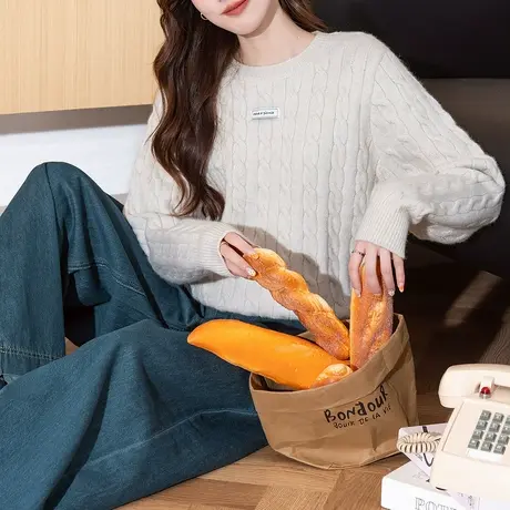 唐狮秋冬季毛衣女简约风韩系穿搭绞花圆领套头慵懒高级感TU商品大图