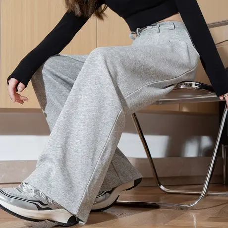 唐狮春季新款女休闲裤宽松基础净色阔腿百搭灰色显瘦西装长裤TD图片