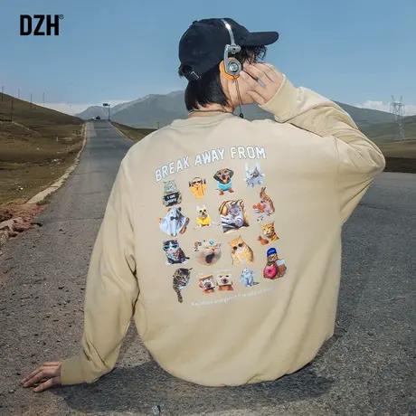 男士慵懒风oversize卫衣秋季男圆领宽松长袖卡其色上衣印花情侣装商品大图