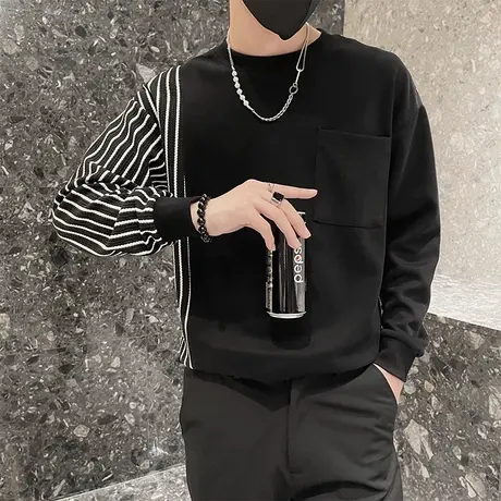 卫衣男秋季条纹拼接上衣ins设计感青年小众内搭体恤长袖打底衫潮商品大图