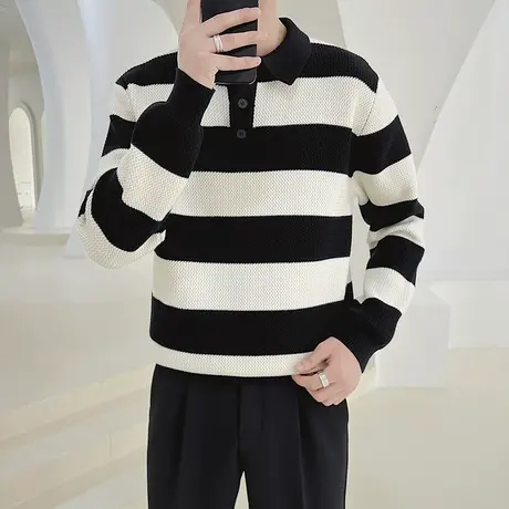 秋冬翻领针织衫男撞色条纹拼接小众设计感轻熟毛衣休闲打底毛线衣图片