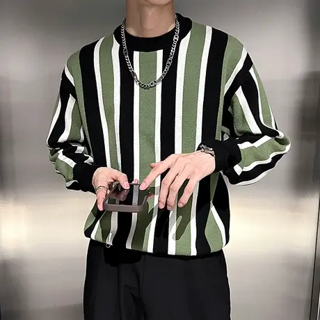 撞色条纹毛衣男秋冬2023时尚潮牌圆领套头针织衫小众轻熟打底线衣商品大图