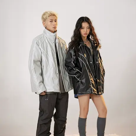 美式潮牌设计感立领PU皮棉服女冬季2023新款情侣复古宽松加厚外套商品大图