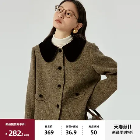 omont蛋挞家 复古小香风短外套女冬2023新款撞色娃娃领毛呢上衣商品大图