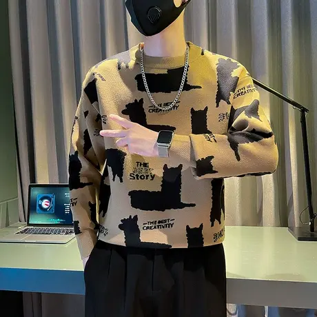 毛衣秋冬新款ins花色小众设计感卡通满印针织打底衫潮流内搭线衣商品大图