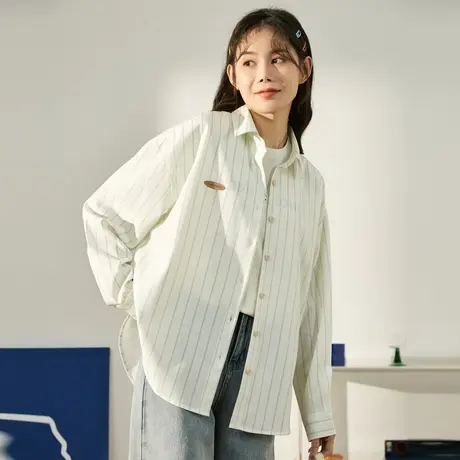 唐狮条纹长袖衬衫女士春秋简约百搭韩系衬衫衣服宽松休闲上衣潮流图片
