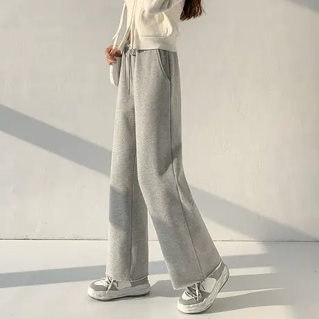 唐狮春秋季毛圈拖地阔腿裤女装运动工装裤子休闲阔腿裤直筒黑色潮商品大图