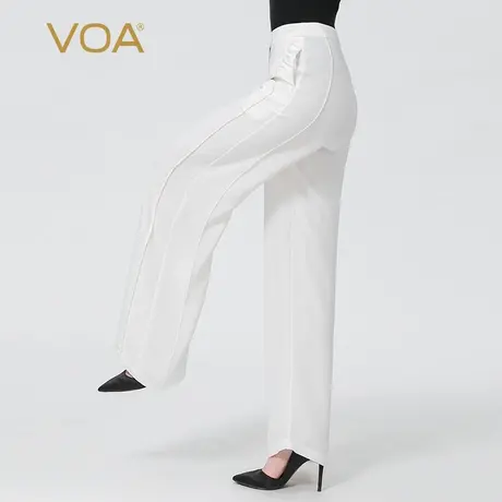 VOA真丝30姆米重磅牛奶白纽扣拼接褶皱斜插口袋桑蚕丝阔腿长裤商品大图