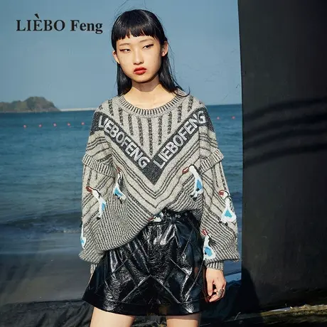 B裂帛LIEBOFeng设计师品牌chic百搭宽松遮肉高街时髦通勤灰色毛衣商品大图