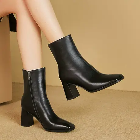 秋冬季新款复古时尚百搭显高方头粗跟瘦瘦靴法式高跟靴子女商品大图