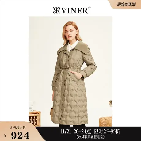 YINER音儿线上专选女装冬季长款翻领加厚衍绣格纹白鸭绒羽绒服商品大图