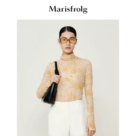 【明星同款】玛丝菲尔春新梵高橙艺术花纹高领T恤内搭打底商品大图