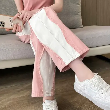 拼色高腰毛边直筒牛仔裤女2024年夏季薄款设计感小众粉色阔腿裤子图片
