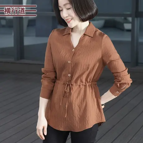 2024新款春装翻领宽松收腰长袖女装衬衣纯色衬衫韩版妈妈大码上衣商品大图