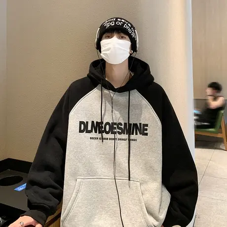 撞色连帽卫衣男秋冬季潮牌欧美街头hiphop外套美式高街情侣上衣服商品大图