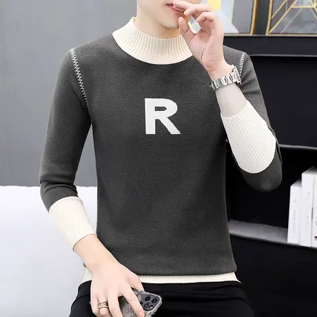 半高领毛衣男款秋冬季拼色针织衫毛衫冬款潮牌穿搭男装打底衫线衣商品大图