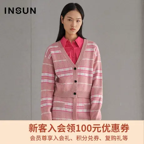 恩裳春季时尚条纹减龄粉色宽松舒适开衫毛针织衫外套女图片