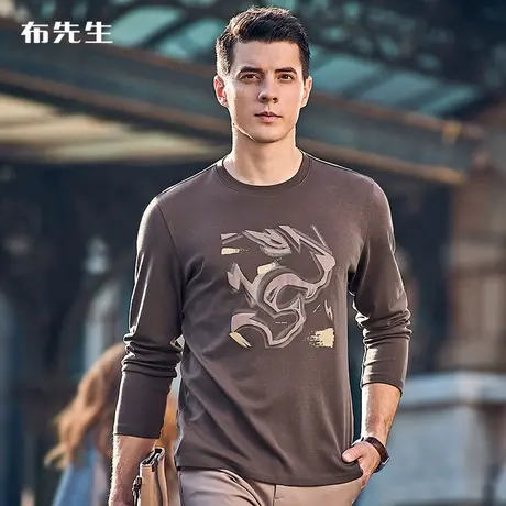 MrBu布先生手绘老虎头印花长袖男秋冬圆领打底T纯棉衫BT11963断码商品大图
