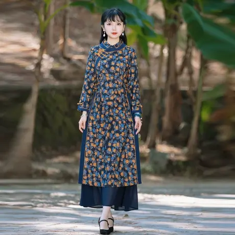 筠雅改良旗袍新款2023年轻款高端气质连衣裙女春长款复古盘扣裙子图片