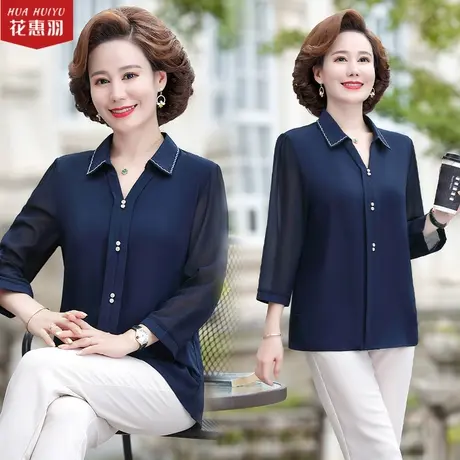 中老年女长袖衬衫春秋新款中年女土t恤翻领衬衣 妈妈秋装雪纺上衣图片