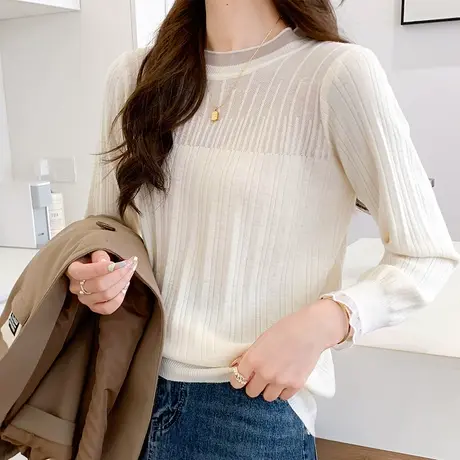 精致洋气蕾丝圆领毛衣打底衫女士内搭春秋2024年软糯长袖针织上衣商品大图