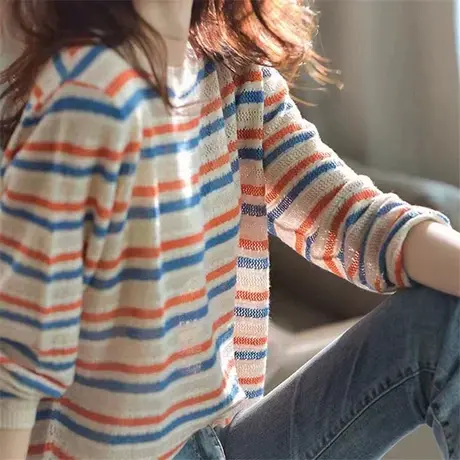 冰丝针织衫女长袖薄款2023新款秋季打底衫春秋款防晒罩衫彩虹上衣图片