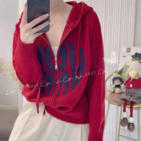 秋冬新款加厚2023年秋装女款拉链连帽针织开衫毛衣女外套上衣秋季图片