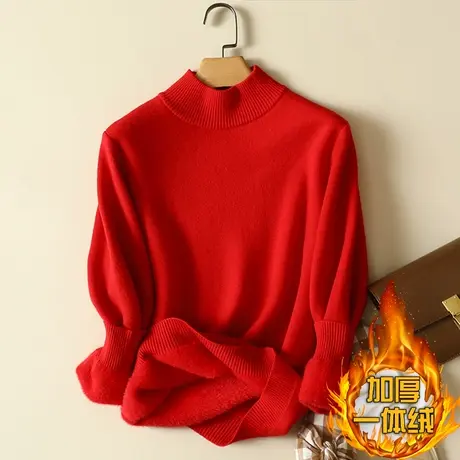 一体绒半高领毛衣女2023年新款加绒加厚保暖打底衫女秋冬内搭针织商品大图